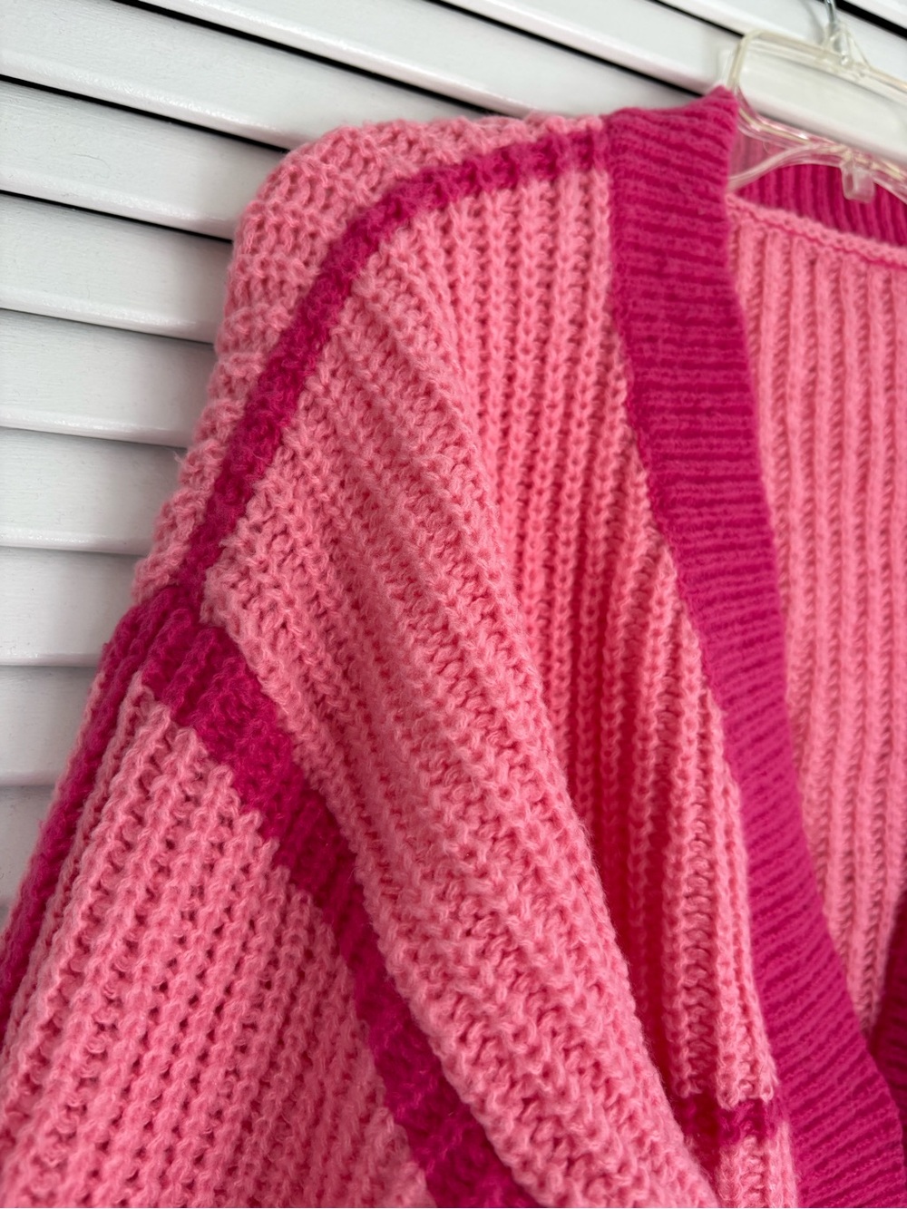 Pink Colorblock Chunky Knit Cropped Cardigan Sweater Size L Coquette Balletcore - Picture 11 of 11